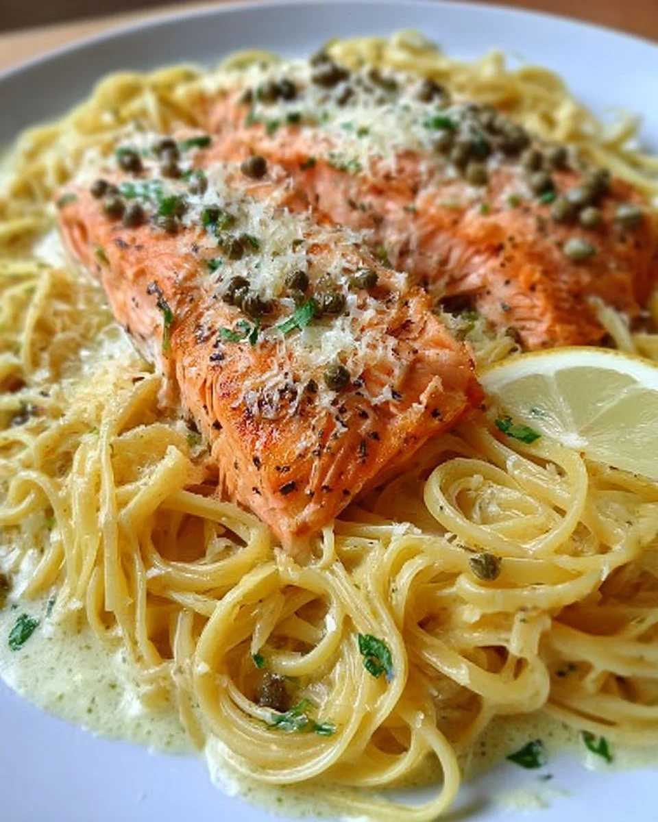 Leckere Zitronenlachs-Pasta mit frischen Kräutern und Zitronenscheiben serviert