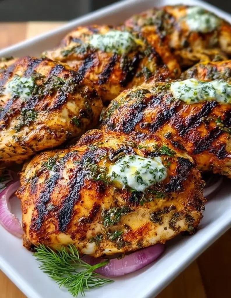 Mediterranes Gegrilltes Hähnchen auf dem Grill, serviert mit frischen Kräutern.