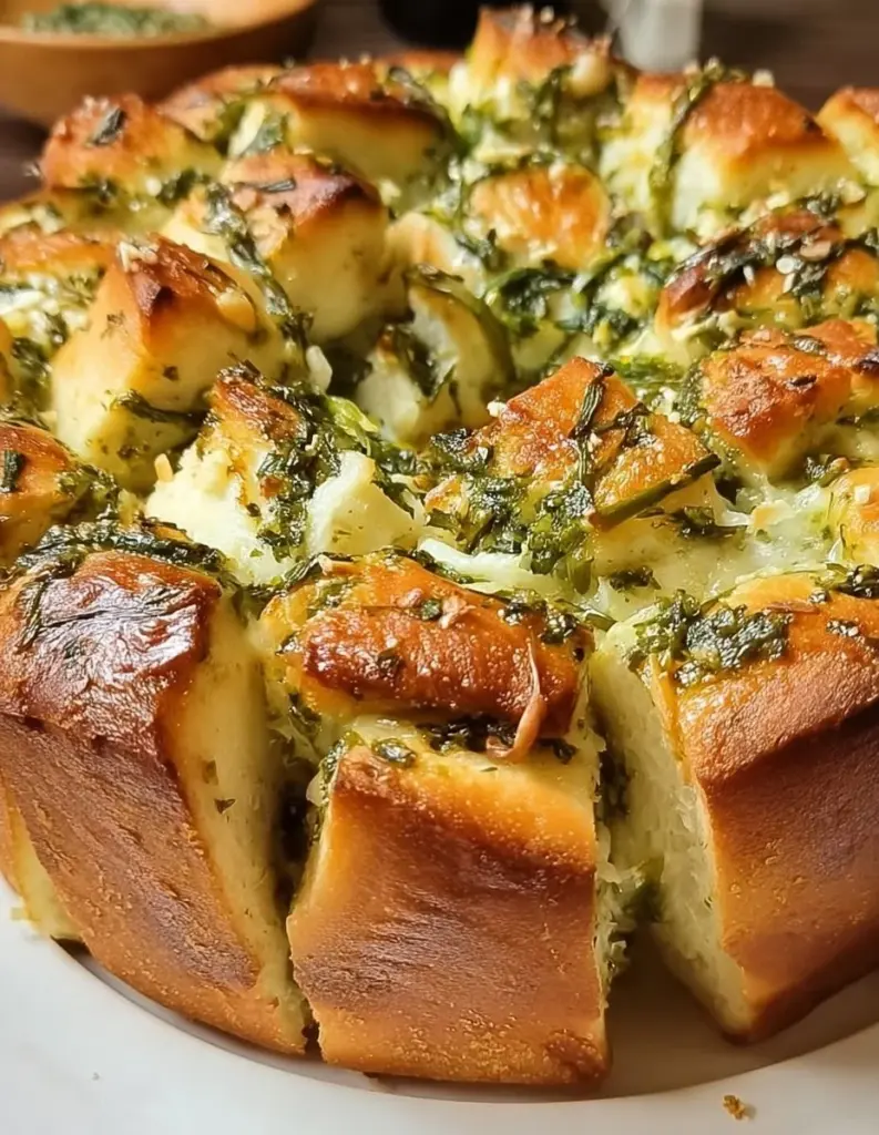 Bärlauch-Zupfbrot mit frischem Bärlauch und goldbraunem Teig.