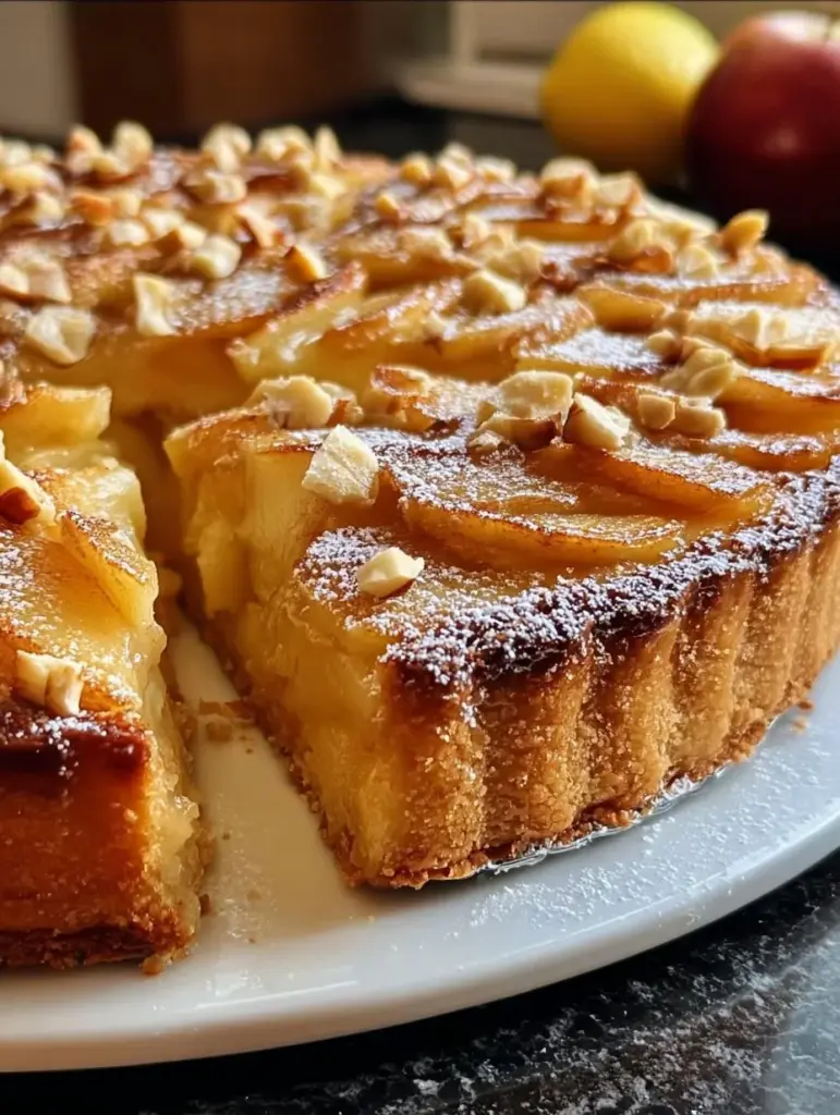 Bester gedeckter Apfelkuchen auf einem Teller, mit Zimt und Apfelstücken dekoriert