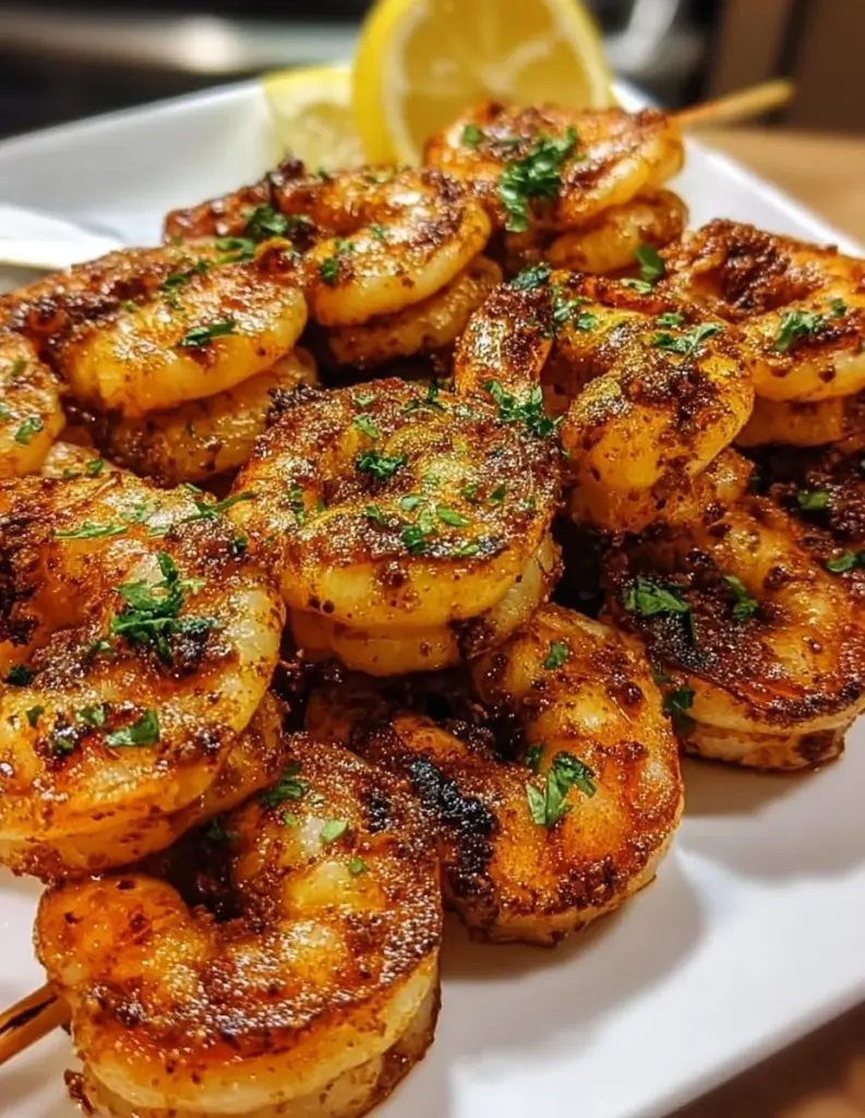 Cajun gegrillte Garnelen auf dem Grill mit Kräutern und Gewürzen
