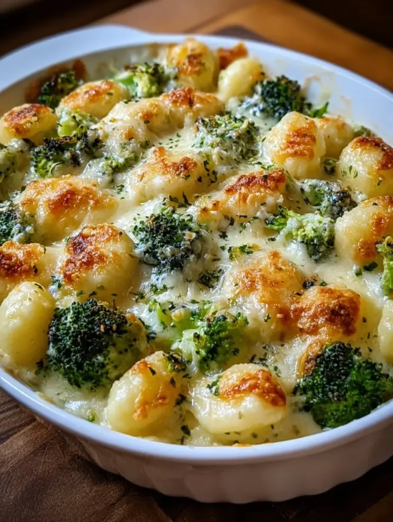 Cremiger Gnocchi Brokkoli-Auflauf auf einem Teller serviert.