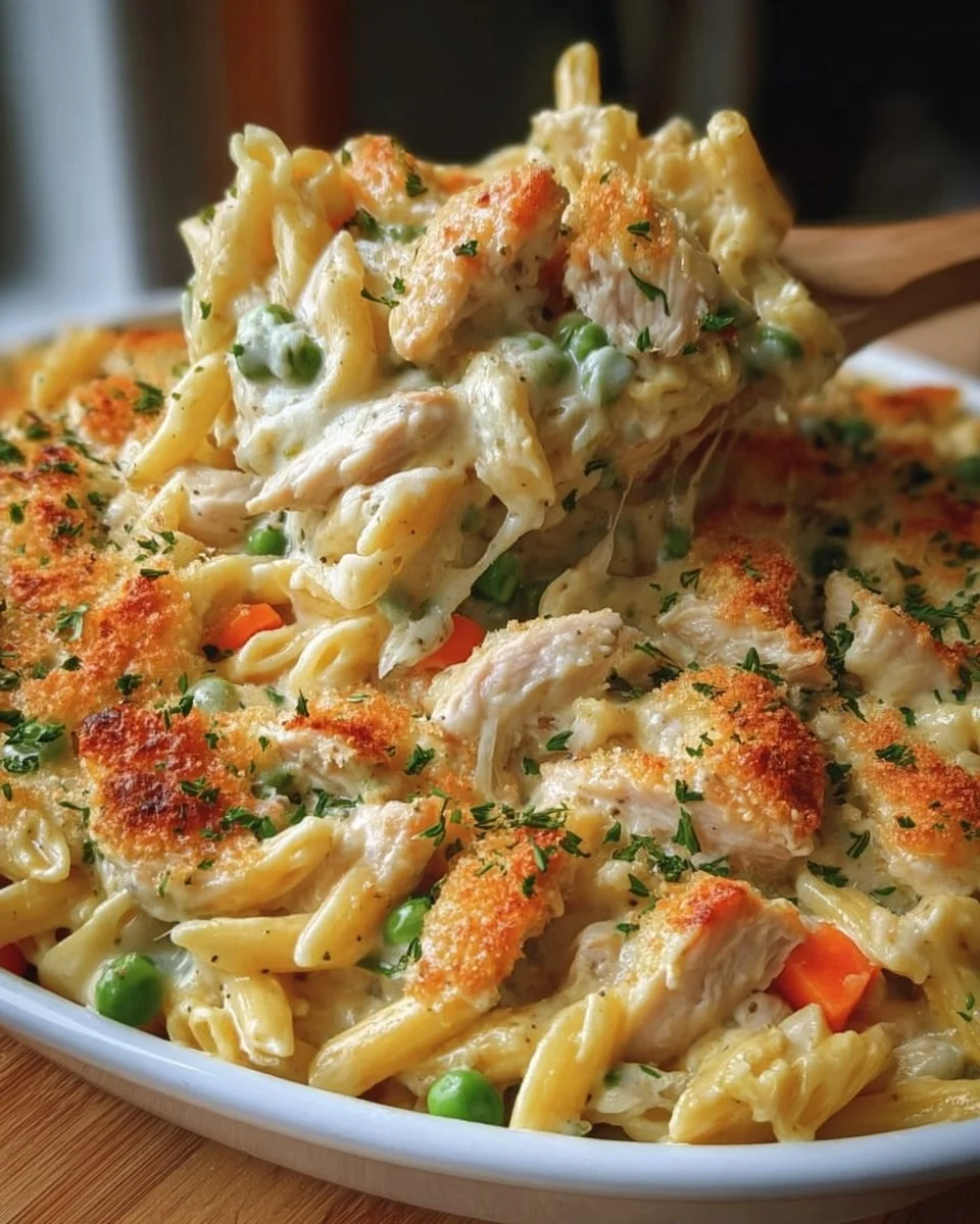 Cremiger Hühnchen-Pasteten-Pasta-Auflauf einfach &amp; cremig