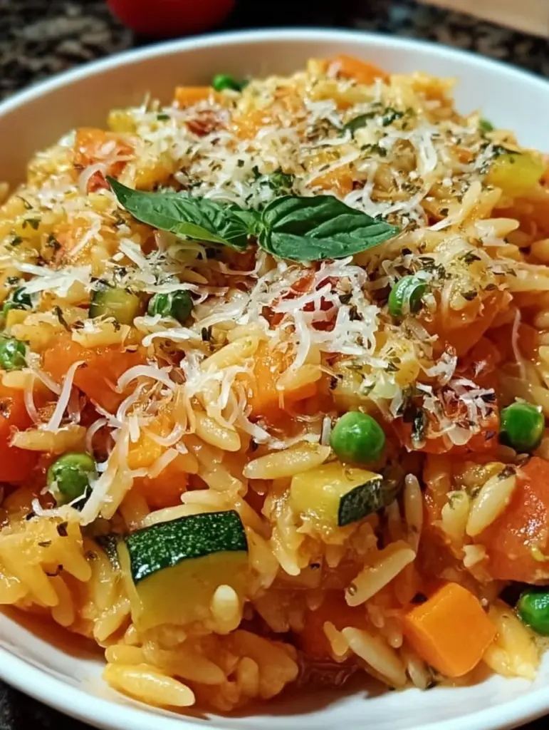 Ein-Topf-Kritharaki mit Gemüse und Parmesan auf einem Teller serviert