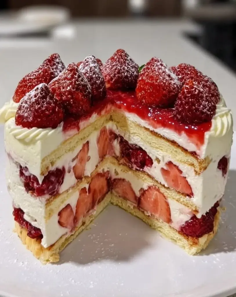 Leckere Erdbeer Mascarpone Torte mit weißer Schokolade auf einem dekorativen Teller