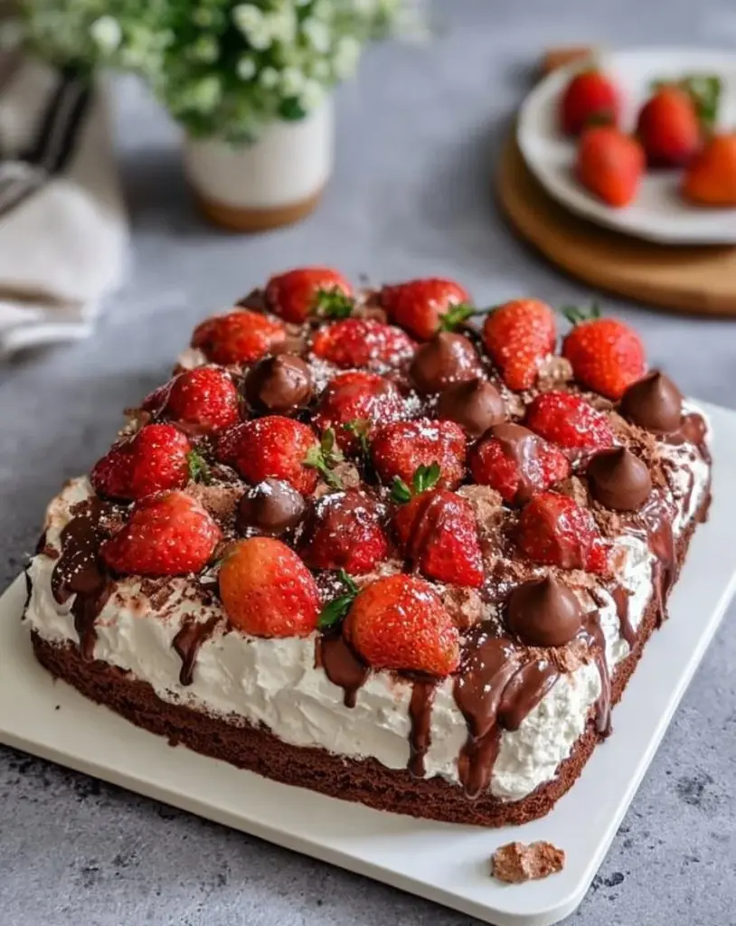 Erdbeerkuchen mit Schokokuss-Creme auf einem Teller serviert