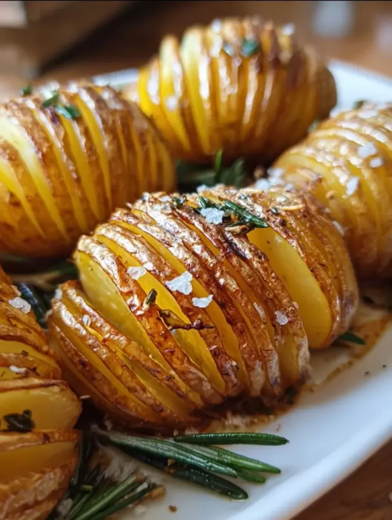 Köstliche Fächerkartoffeln in einer Auflaufform, garniert mit Kräutern und Gewürzen.