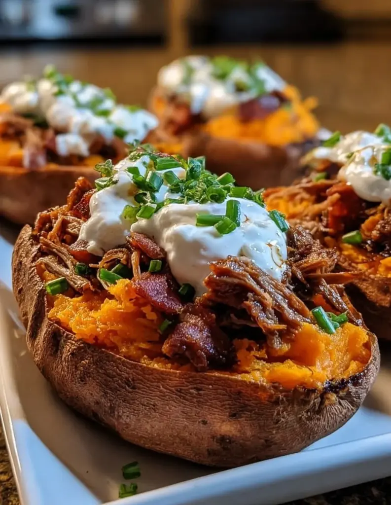 Gefüllte Süßkartoffeln mit Rinderbauch und Sauerrahm auf einem Teller