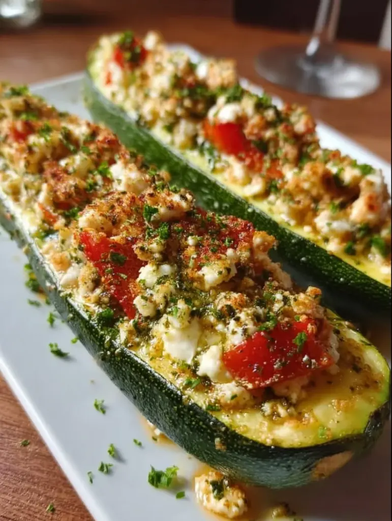 Gefüllte Zucchini mit Feta, frisch aus dem Ofen, auf einem Teller serviert.