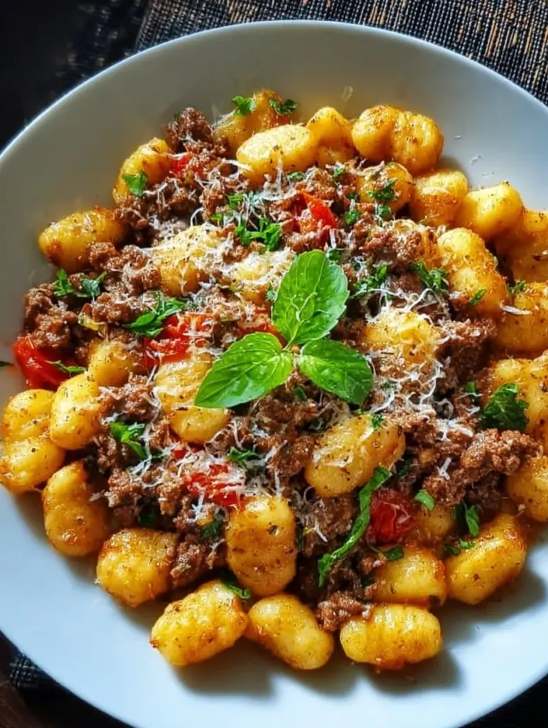 Gnocchi Pfanne mit Hackfleisch serviert in einer Pfanne