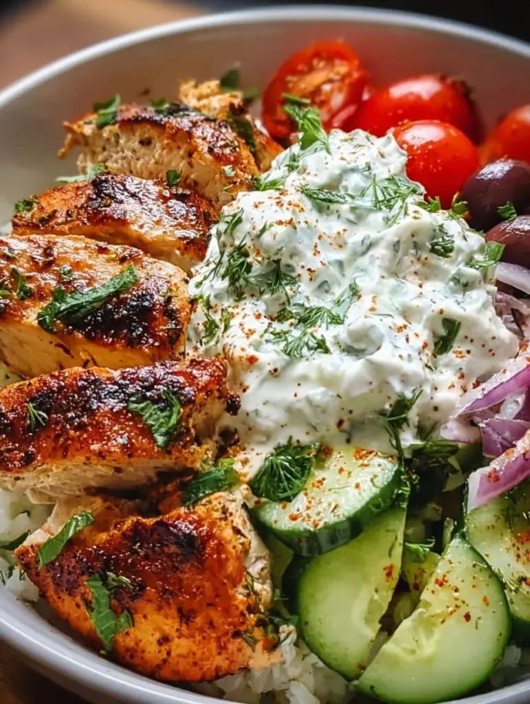 Leckere Griechische Hähnchen-Tzatziki-Bowl mit frischen Zutaten und aromatischem Tzatziki