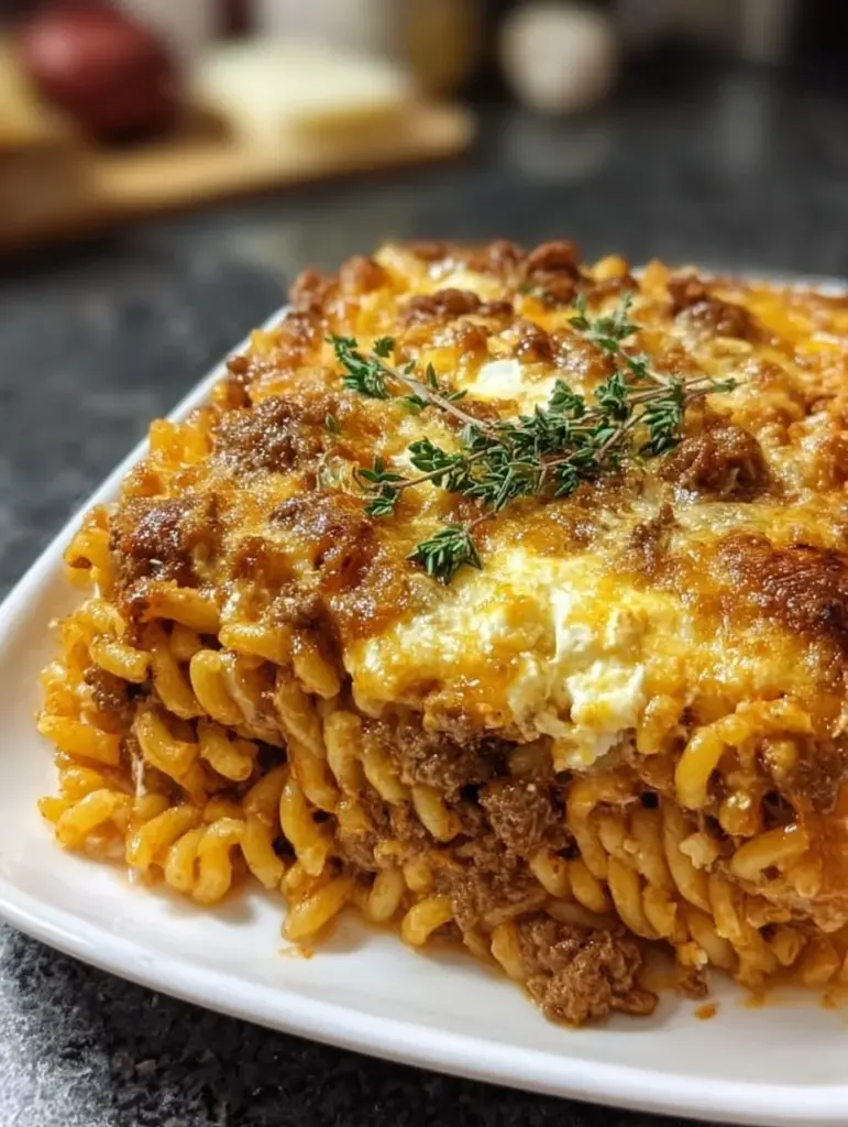 Griechischer Nudelauflauf mit frischen Zutaten und geschmolzenem Käse
