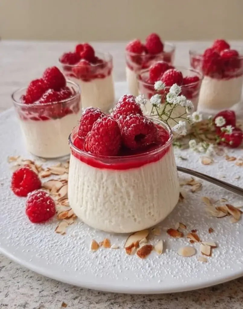 Grießpudding mit Rhabarber und Himbeeren serviert in einer Schüssel