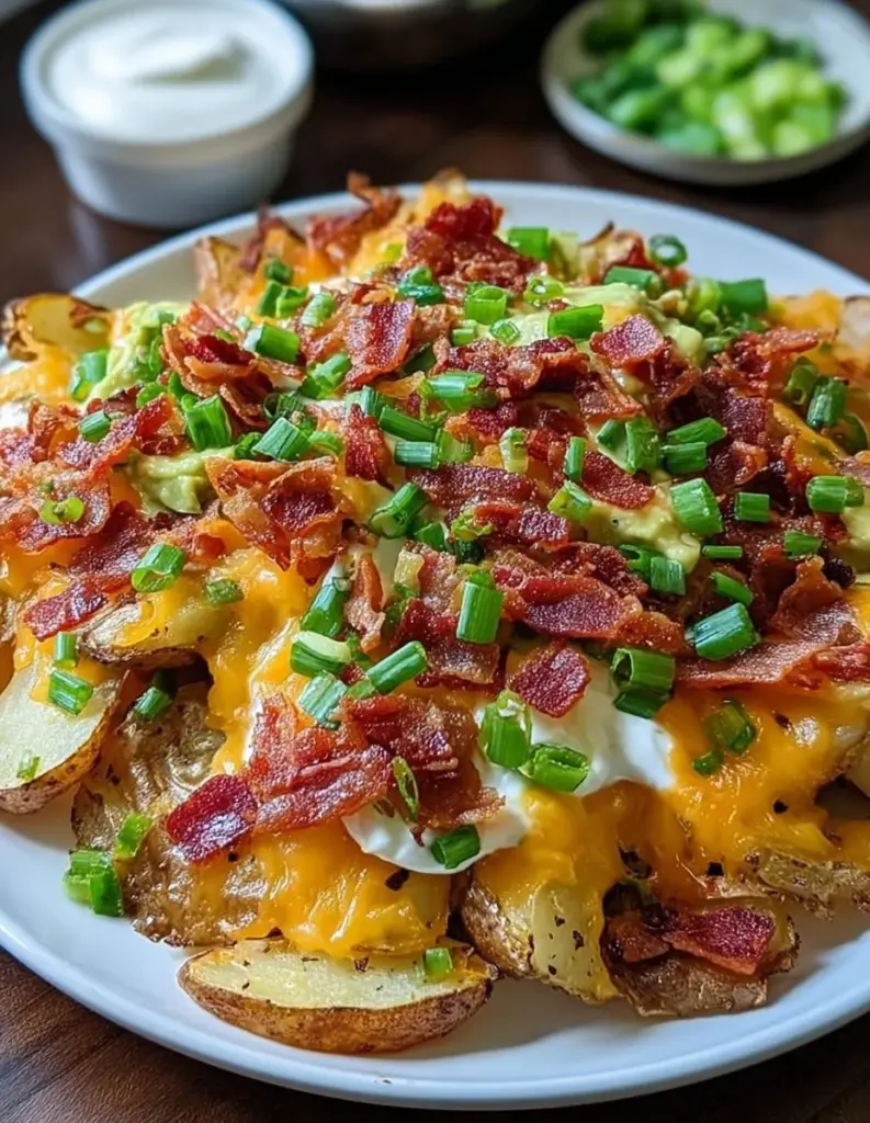 Irische Pub Nacho Kartoffeln serviert mit schmelzendem Käse und frischen Toppings.