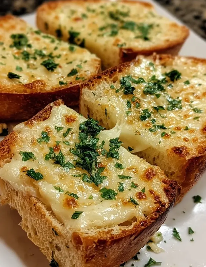 Leckeres Käseknoblauchbrot frisch aus dem Ofen mit goldbrauner Kruste
