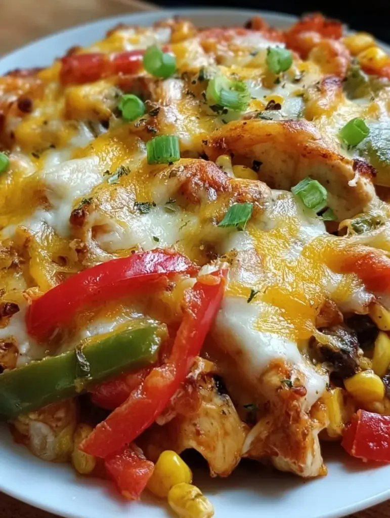 Käsiger Fajita Hähnchen Auflauf frisch aus dem Ofen serviert