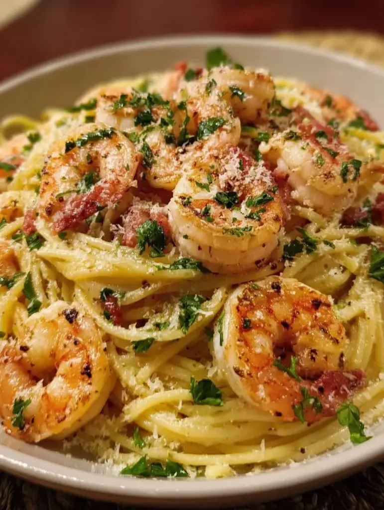 Köstliche Knoblauch Garnelen Pasta mit frischen Zutaten serviert