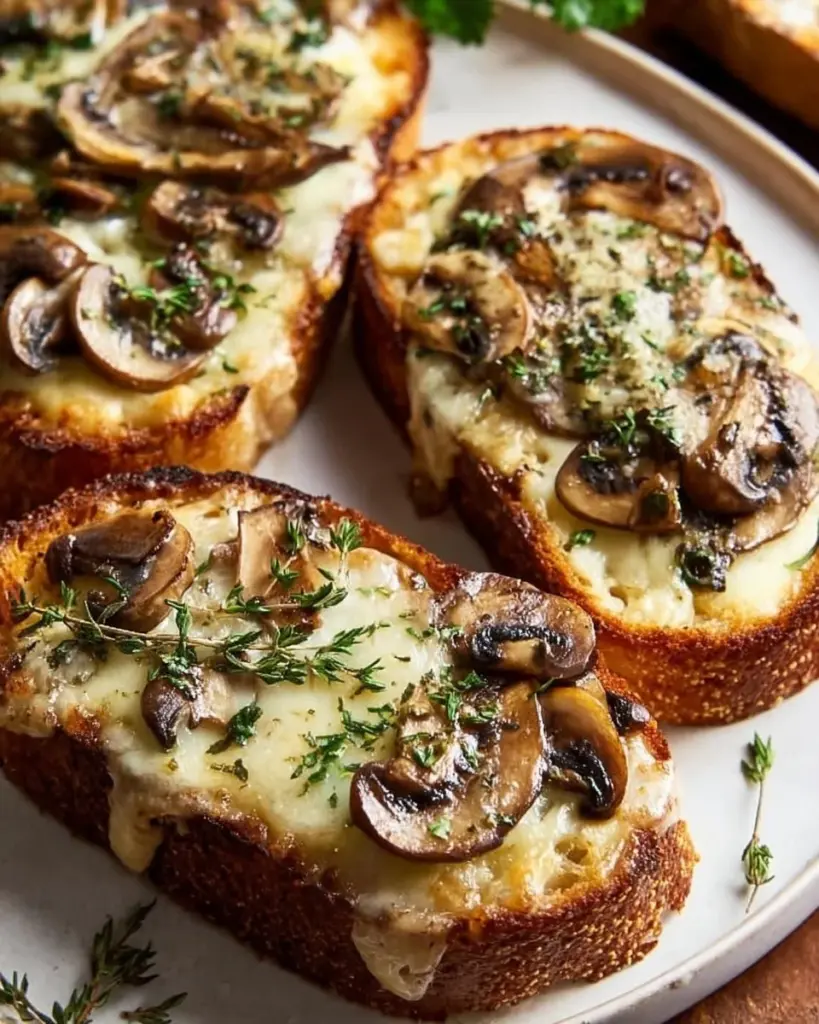 Knusprige Käse-Champignon-Toasts mit Knoblauch auf einem Teller
