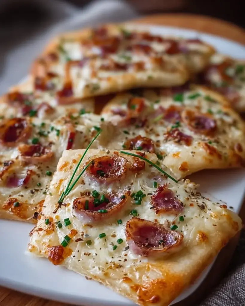 Knusprige Mini Tarte Flambée Häppchen auf einem Teller serviert