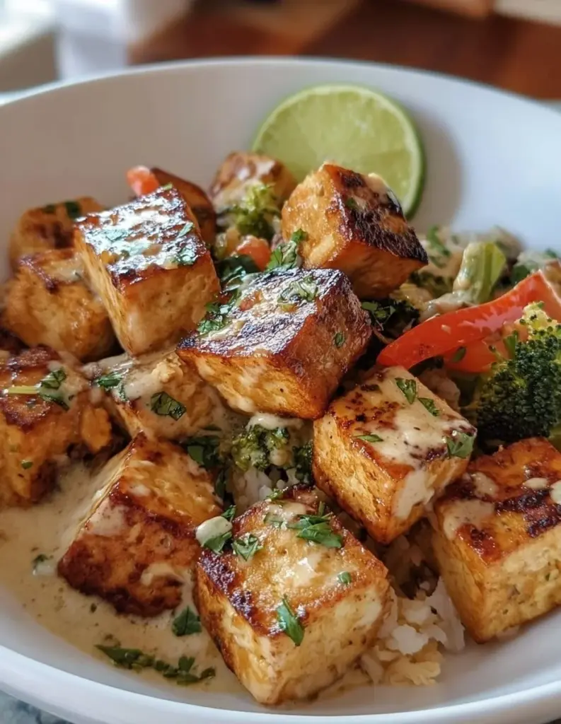 Kokosnuss-Limette-Tofu auf einem Teller mit frischen Kräutern