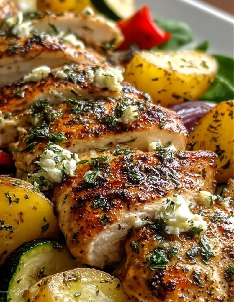 Mediterranes Hähnchen und Kartoffelhäutchen aus dem Ofen auf einem Blech