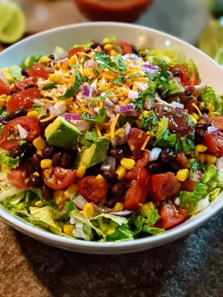 Mexikanischer Taco Layer Salad mit frischen Zutaten in Schichten