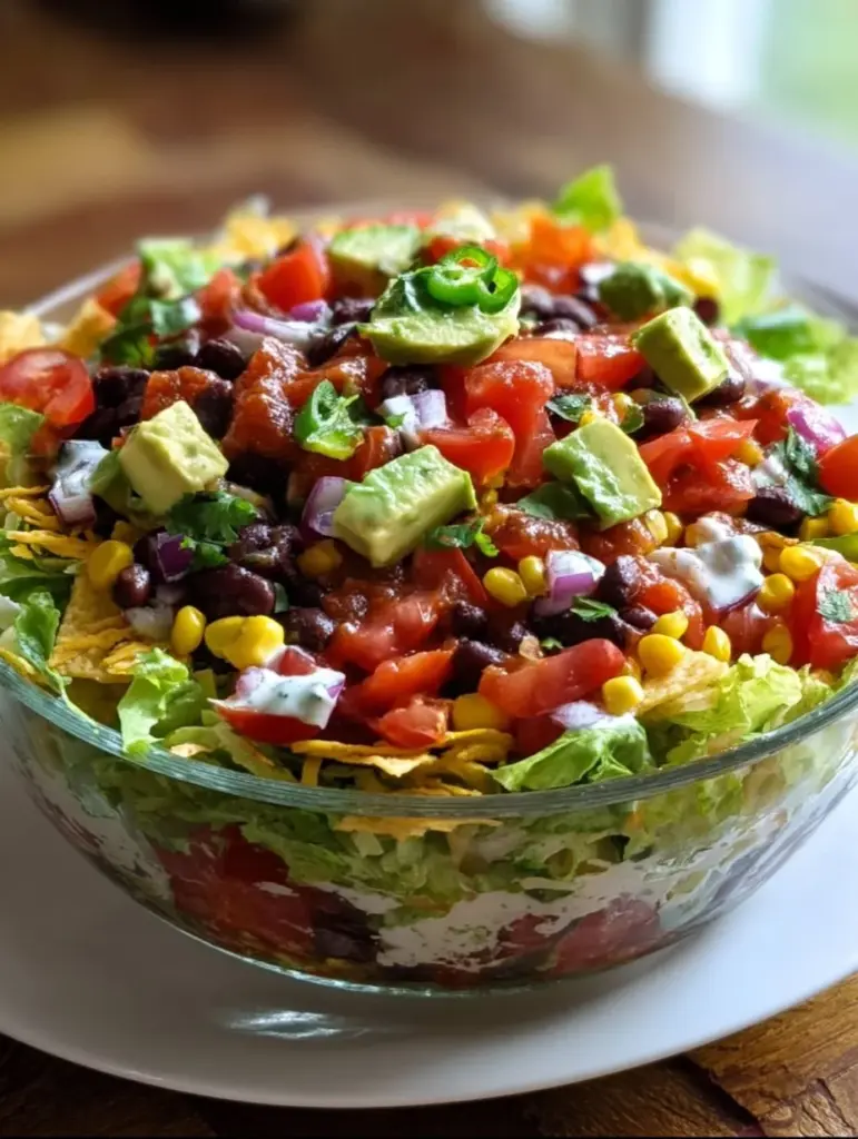 Bunter Mexikanischer Taco Schichtsalat in einer Glasschüssel