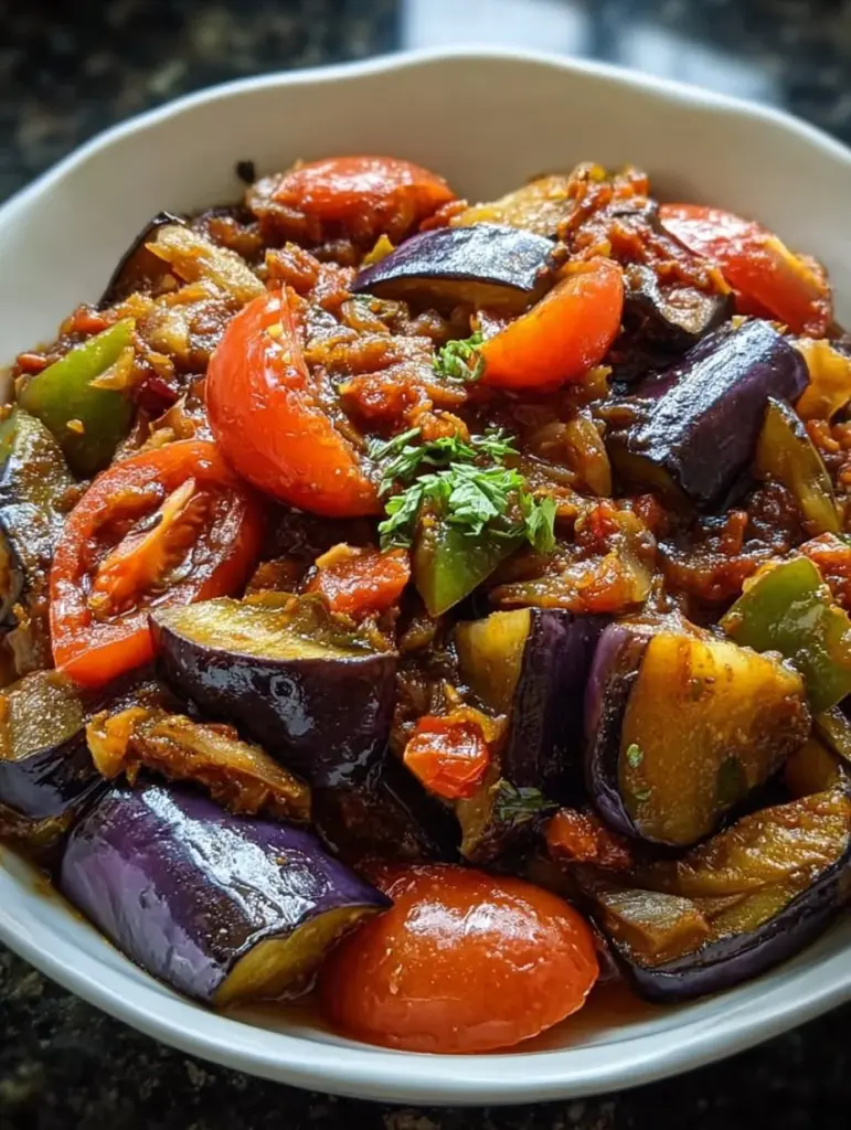 Orientalische Auberginenpfanne mit Gewürzen und frischem Gemüse