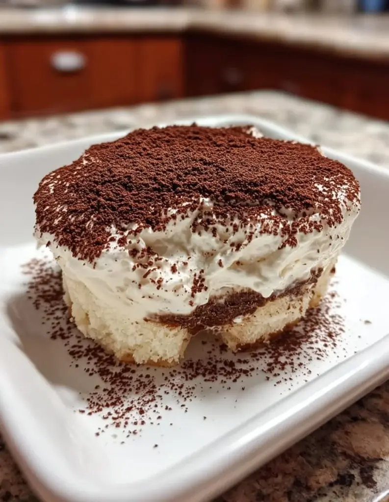 Schmackhaftes Reiskuchen Tiramisu auf einem Teller serviert.