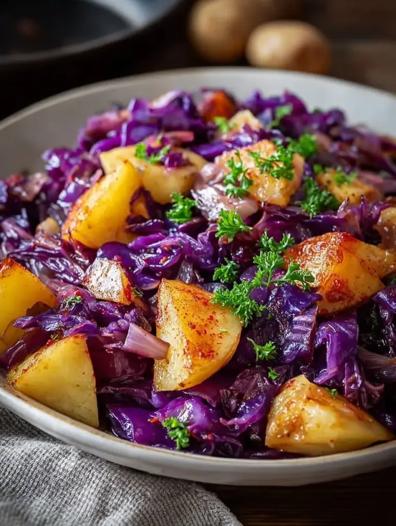 Rotkohl Pfanne mit Kartoffeln serviert auf einem Teller.