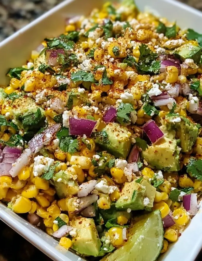 Erfrischender Street Corn Salad mit Avocado, serviert in einer bunten Schüssel.