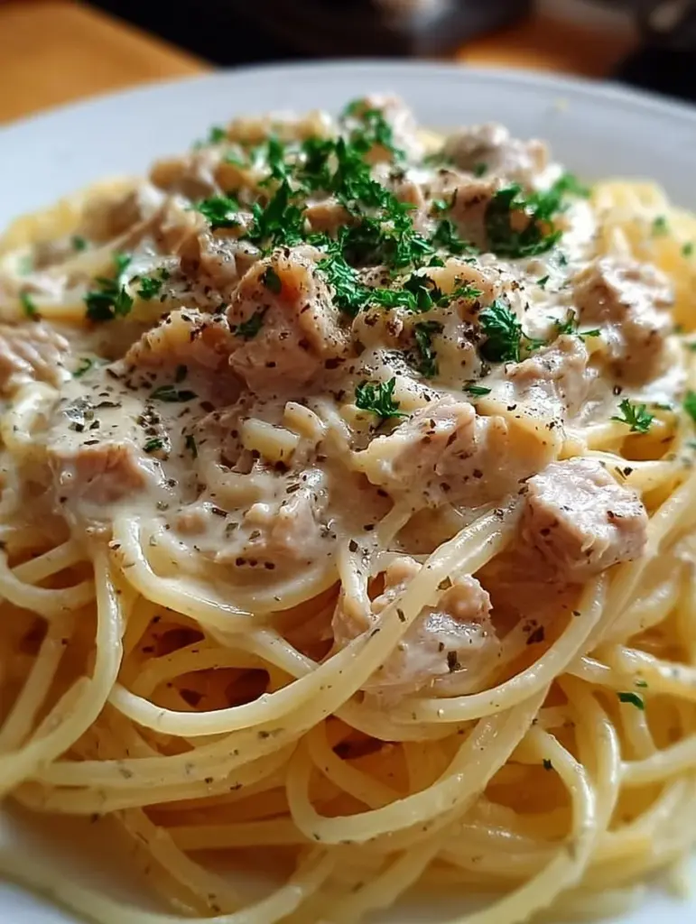 Thunfisch-Sahne-Soße mit Spaghetti auf einem Teller serviert