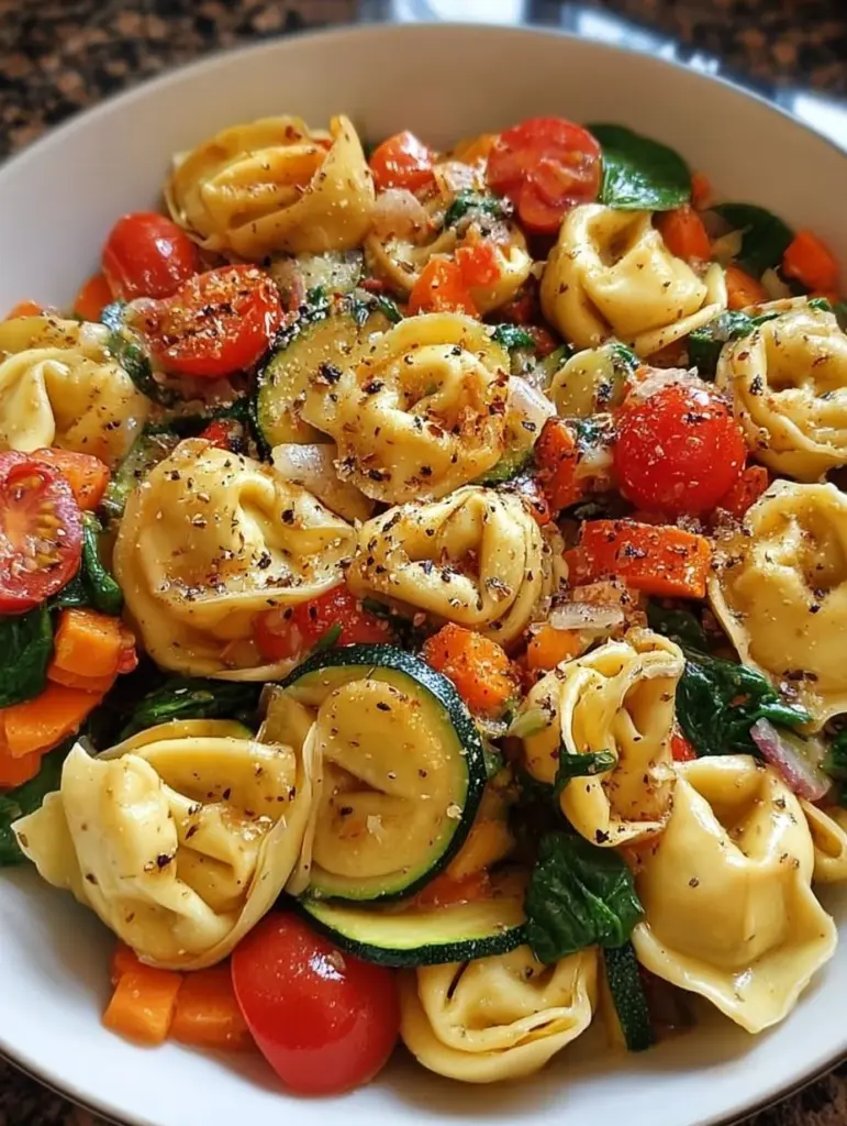 Bunte Tortellini-Gemüsepfanne mit frischen Zutaten auf einem Teller