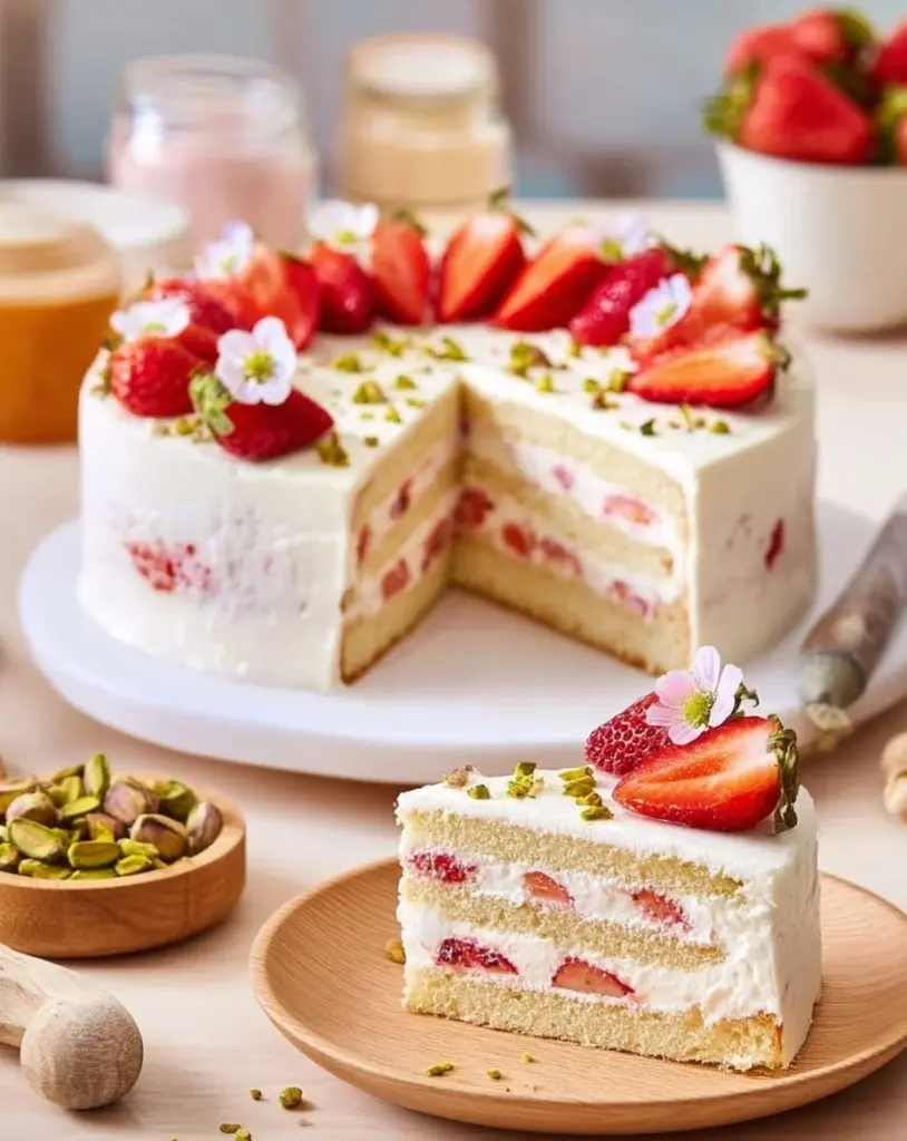 Vegane Erdbeertorte mit frischen Erdbeeren und pflanzlichen Zutaten