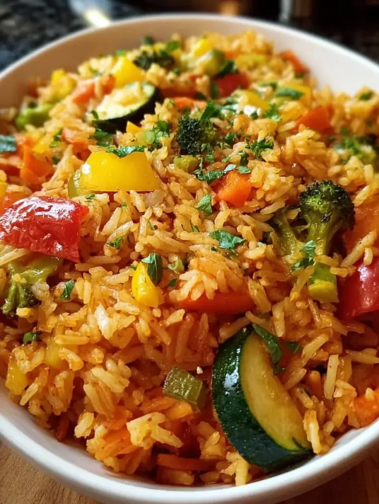 Vegetarische Reispfanne mit buntem Gemüse, ideal für eine gesunde Ernährung.