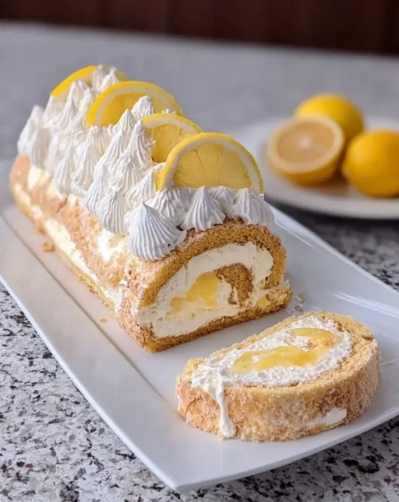 Zitronen-Tiramisu-Rolle mit frischen Zitronen und Sahne