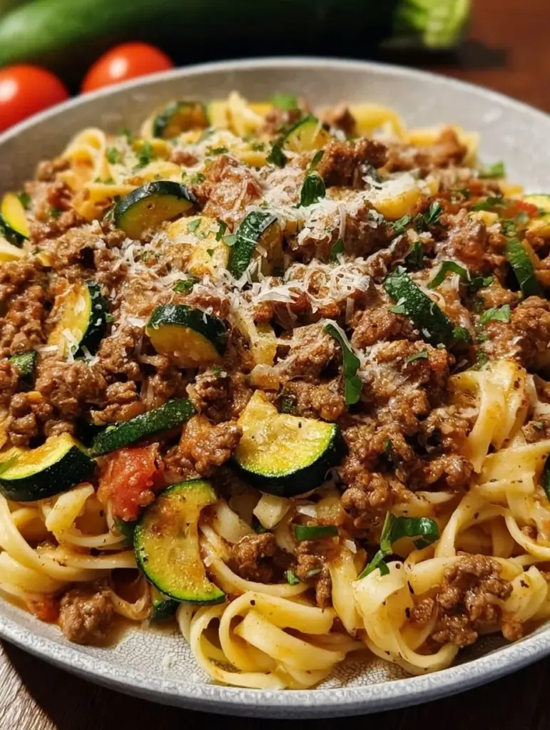 Zucchini Hackfleisch Pasta auf einem Teller mit frischen Zutaten