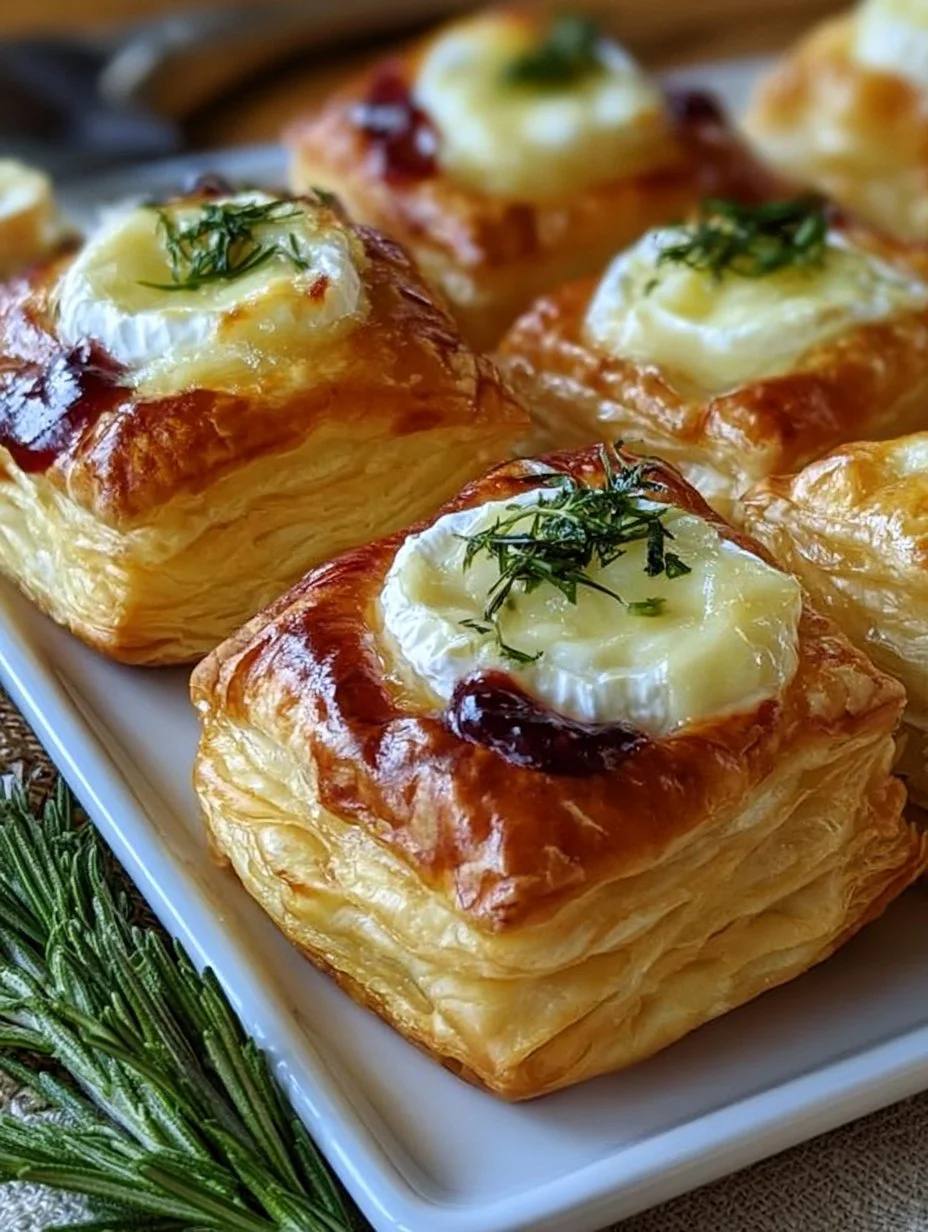 Blätterteig Häppchen gefüllt mit Camembert auf einem Tisch angerichtet