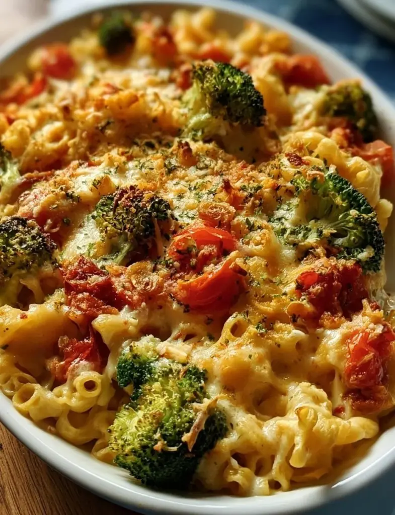 Brokkoli Nudelauflauf mit Tomaten und Käsesauce auf einem Teller serviert