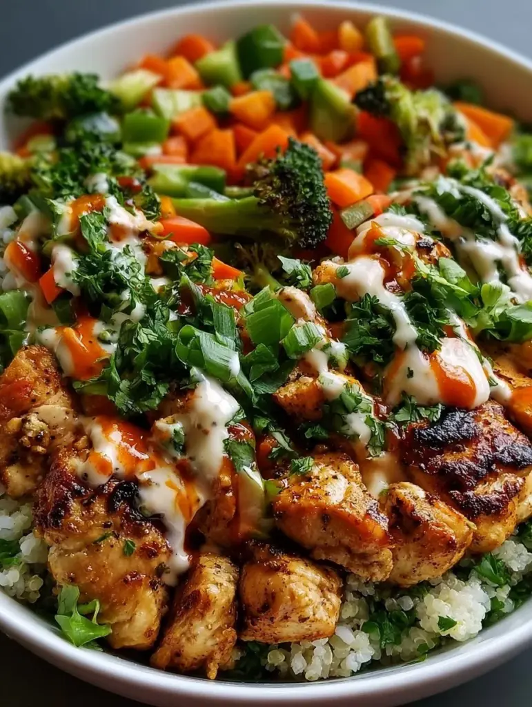 Cremige Bang Chicken Bowl mit zartem Hähnchen und frischem Gemüse