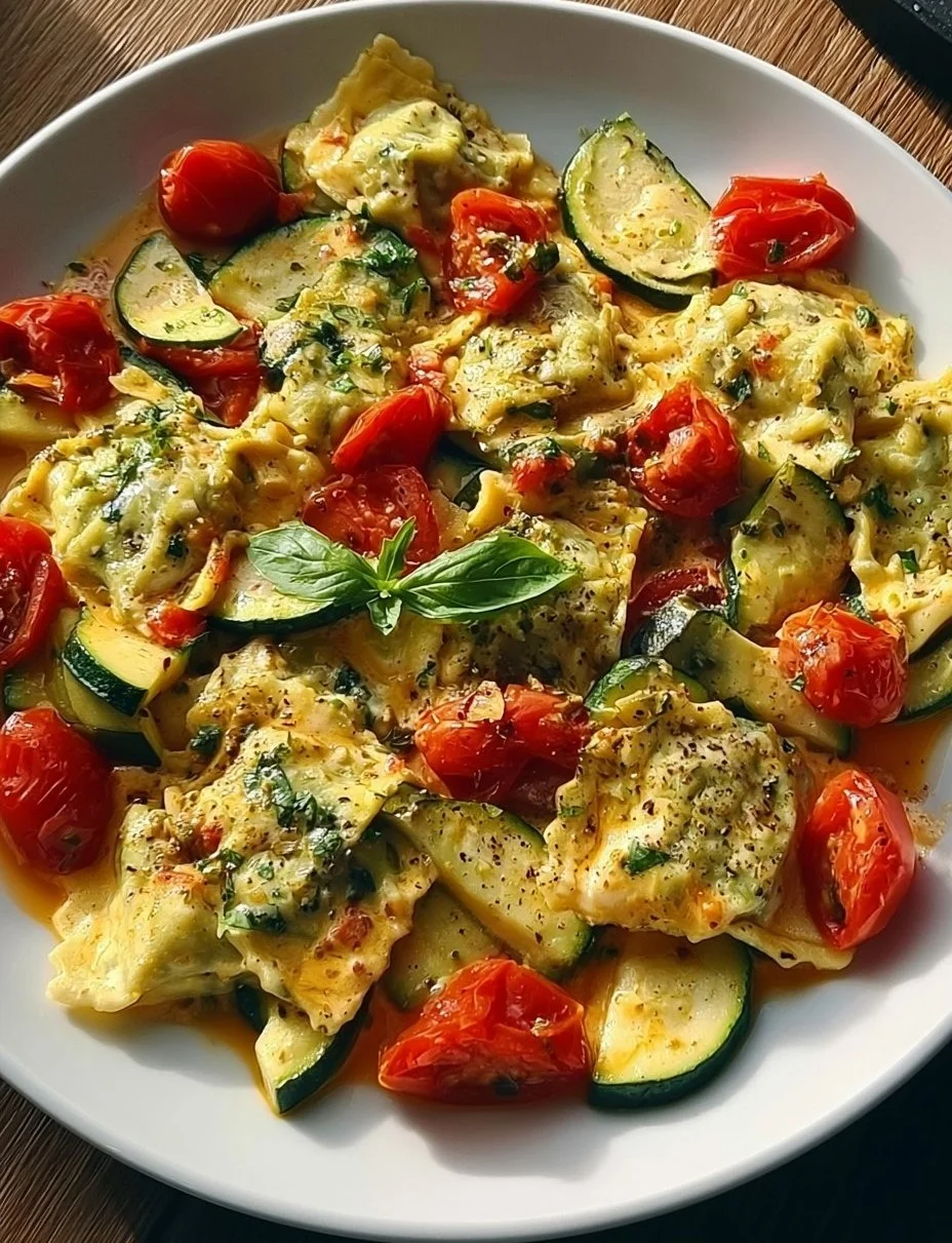 Cremige Maultaschenpfanne mit Zucchini und Tomaten auf einem Teller serviert.
