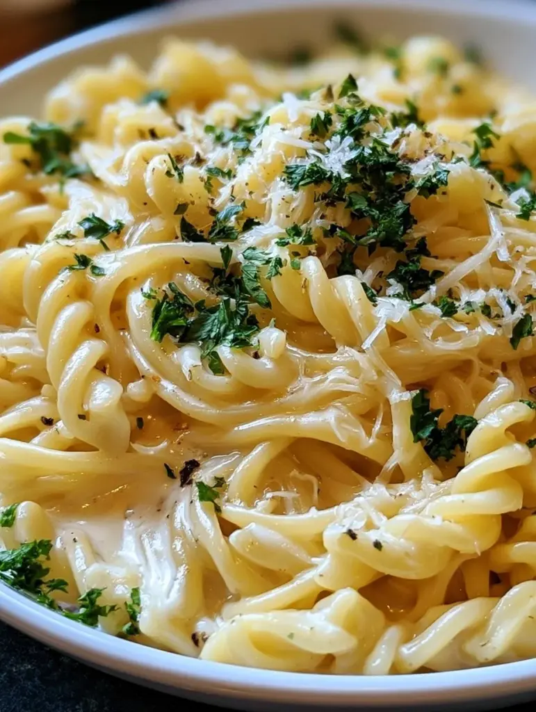 Ein Topf köstliche Knoblauch Käse Pasta auf einem Tisch serviert