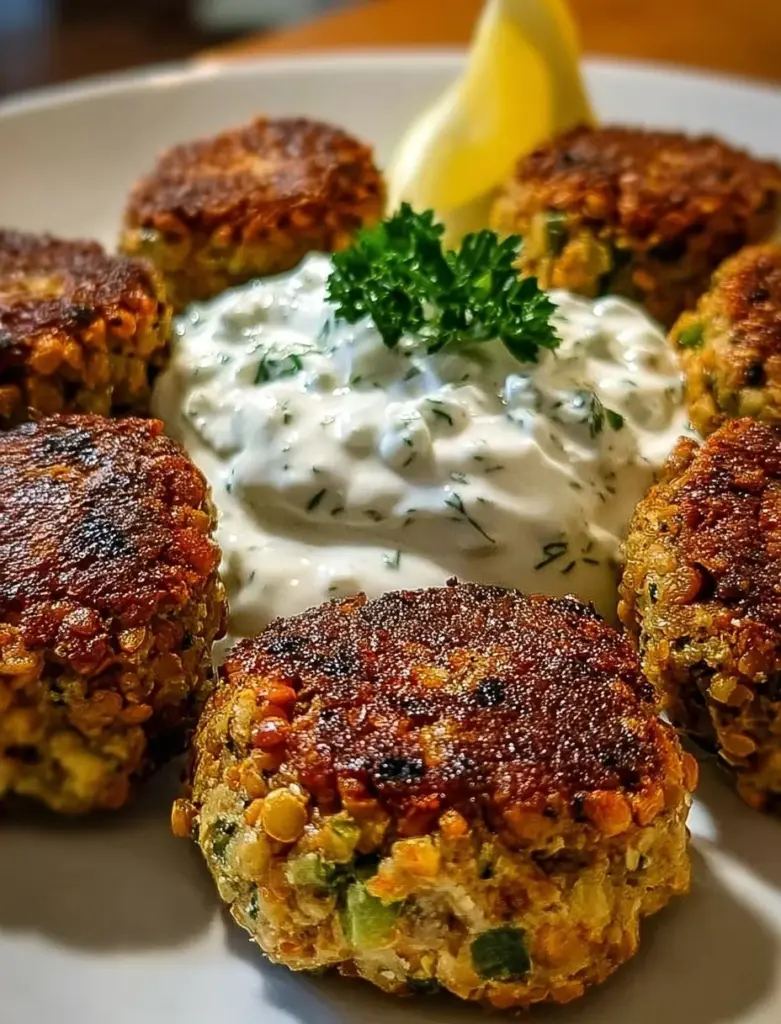 Gebackene griechische Linsenbratlinge serviert mit Tzatziki-Dip
