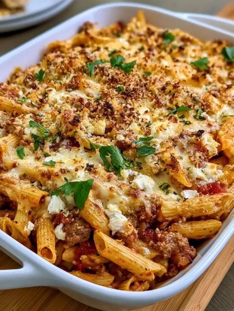 Griechischer Nudelauflauf mit Feta und Hackfleisch auf einem Teller