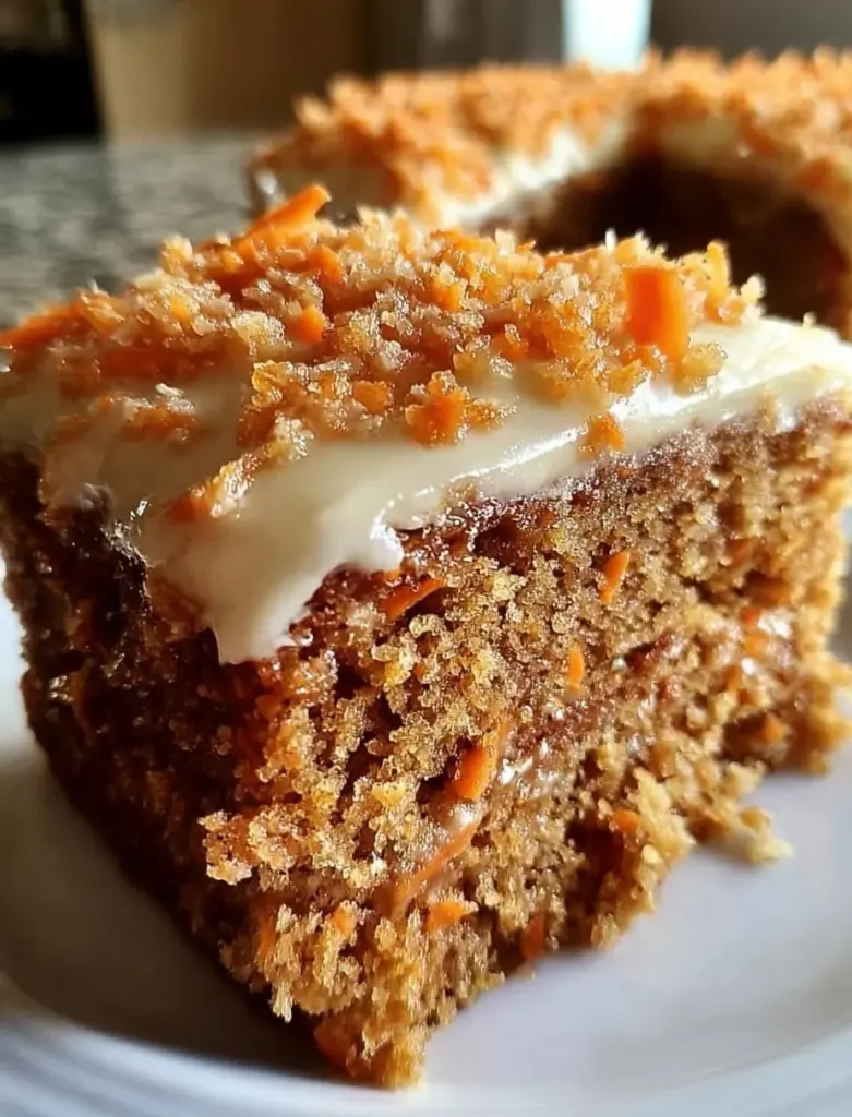 Saftiger Haferflocken Karottenkuchen auf einem Holzbrett, dekoriert mit Nüssen.