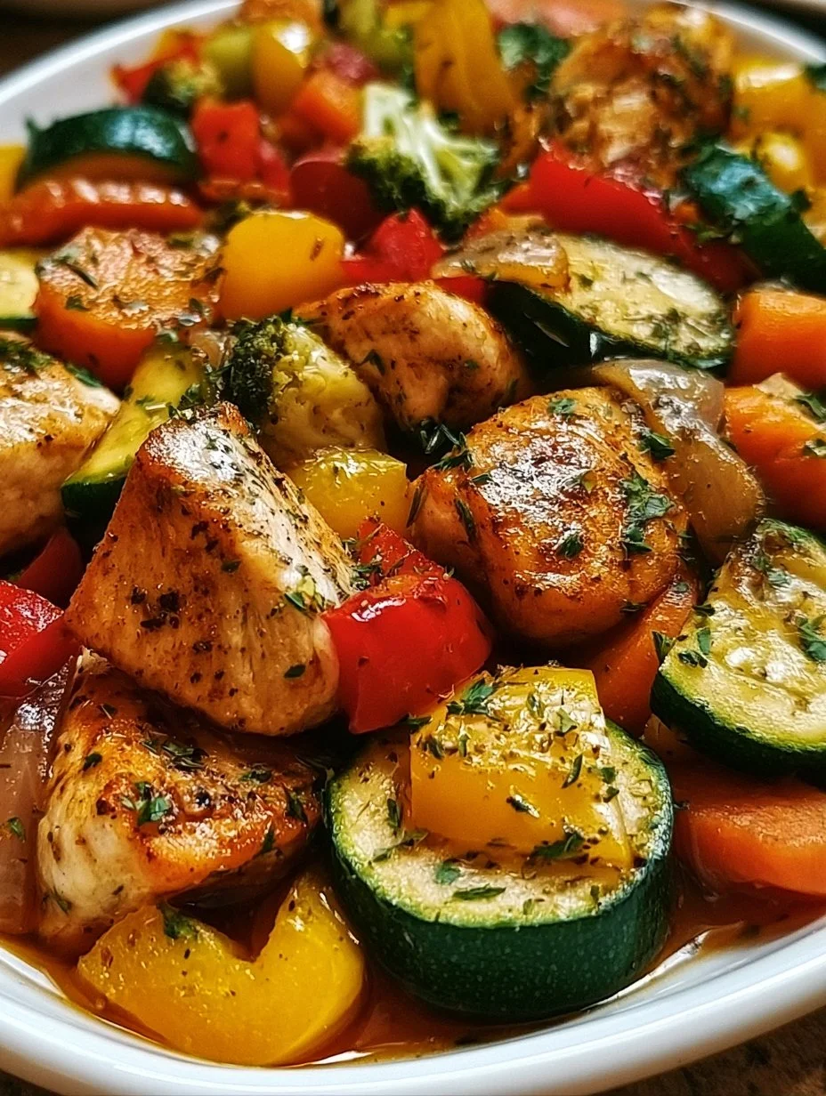 Hähnchenpfanne mit frischem Gemüse und Gewürzen auf einem Teller