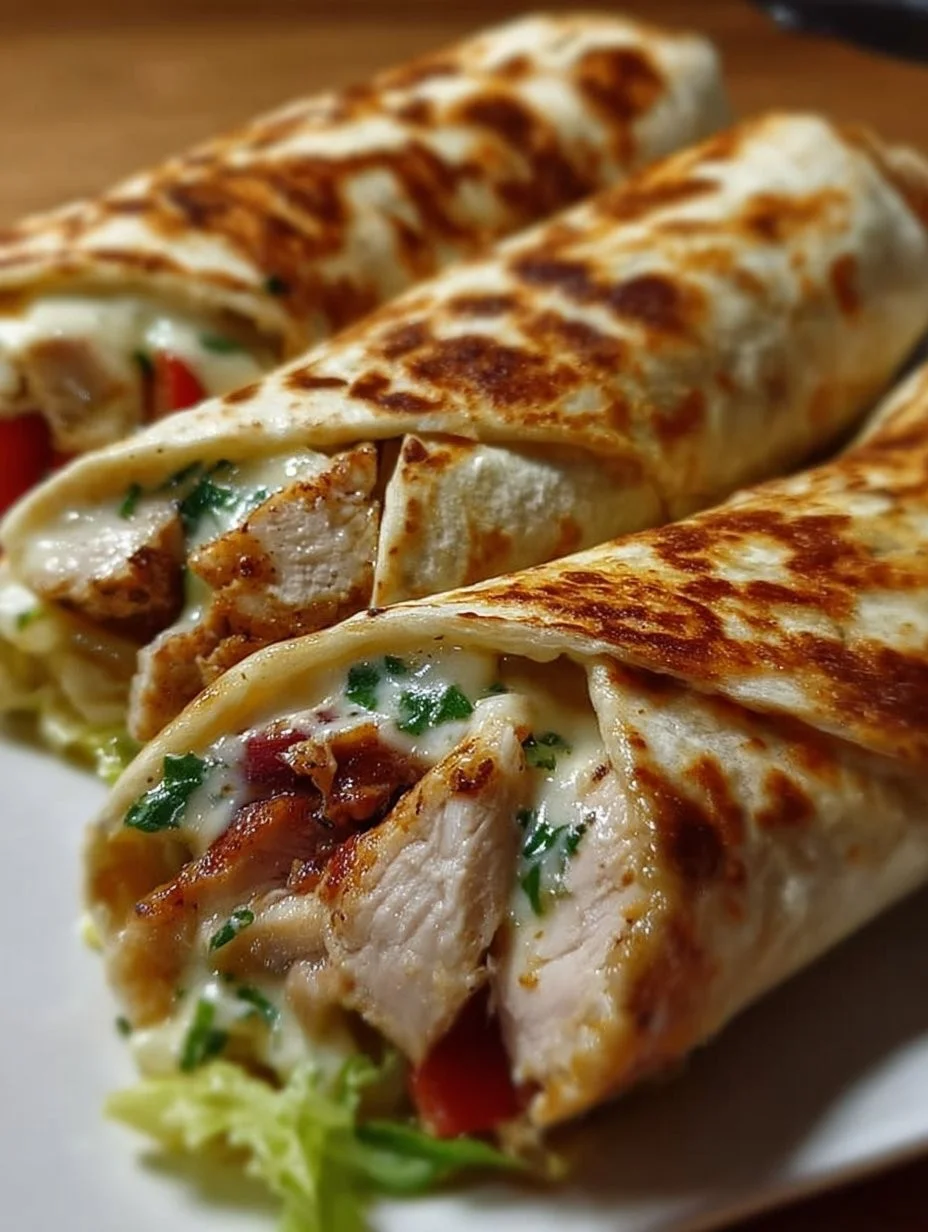 Herzhafte Hähnchen Wraps mit Käse und Knoblauch auf einem Teller serviert