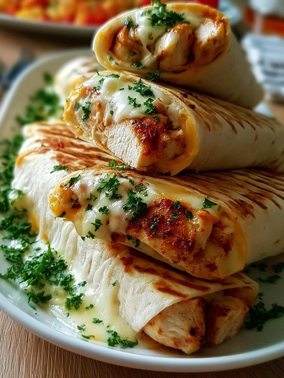 Herzhafte Hähnchen Wraps mit Käse und Knoblauch auf einem Teller.