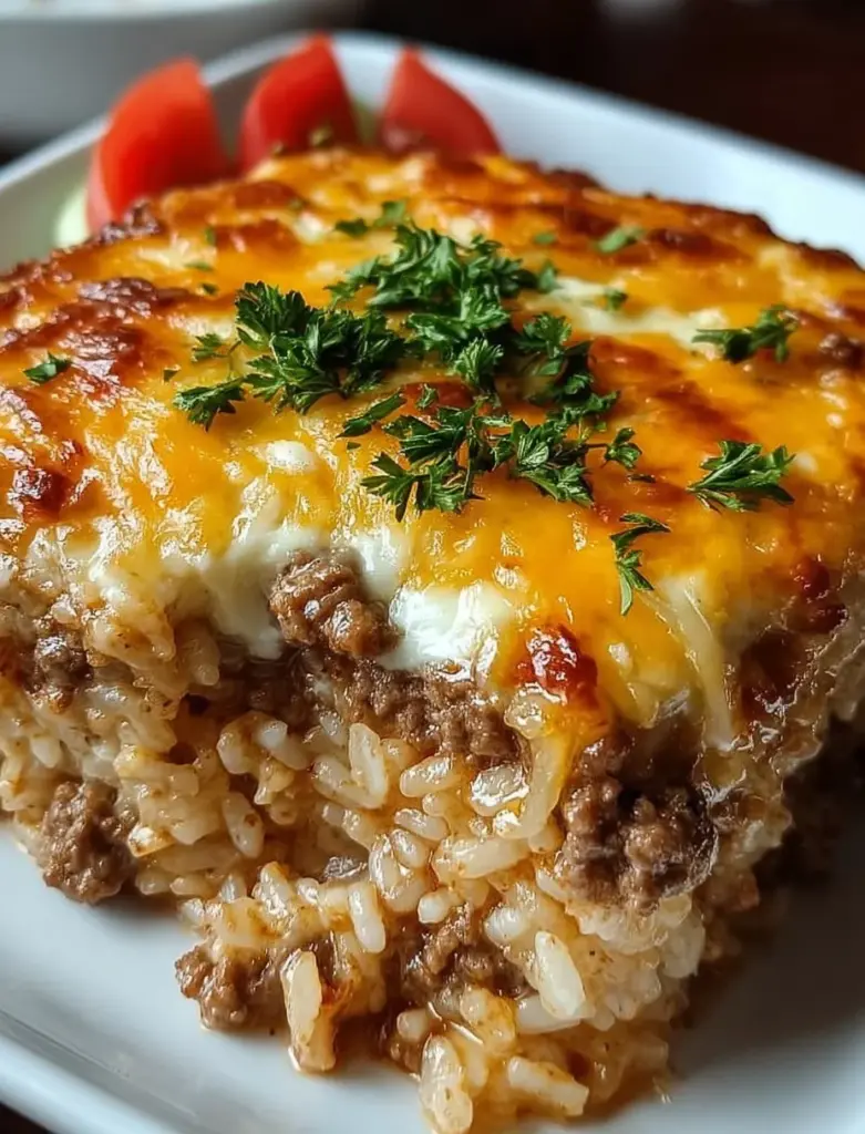 Käse-Hackfleisch-Reis-Auflauf mit geschmolzenem Käse und aromatischem Hackfleisch