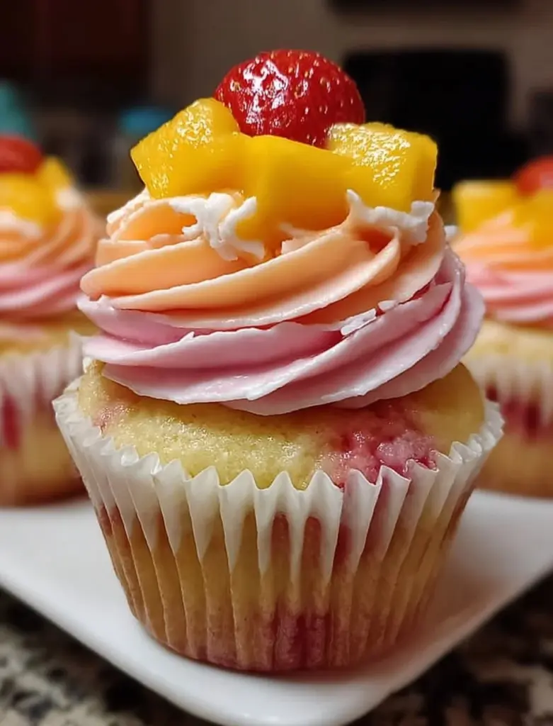 Mango Erdbeer Sonnenuntergang Cupcakes mit fruchtigem Topping